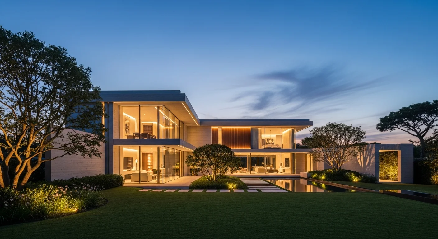 Premium-Villa in der Dämmerung mit warmem Innenlicht und angelegtem Garten