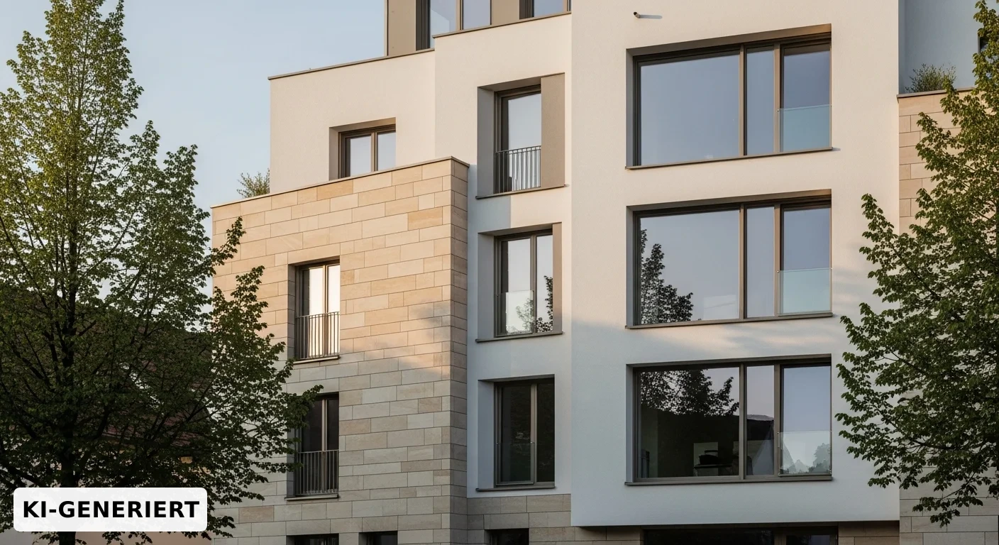 Moderne Wohnhausfassade mit hellem Naturstein und großen Fenstern im warmen Abendlicht