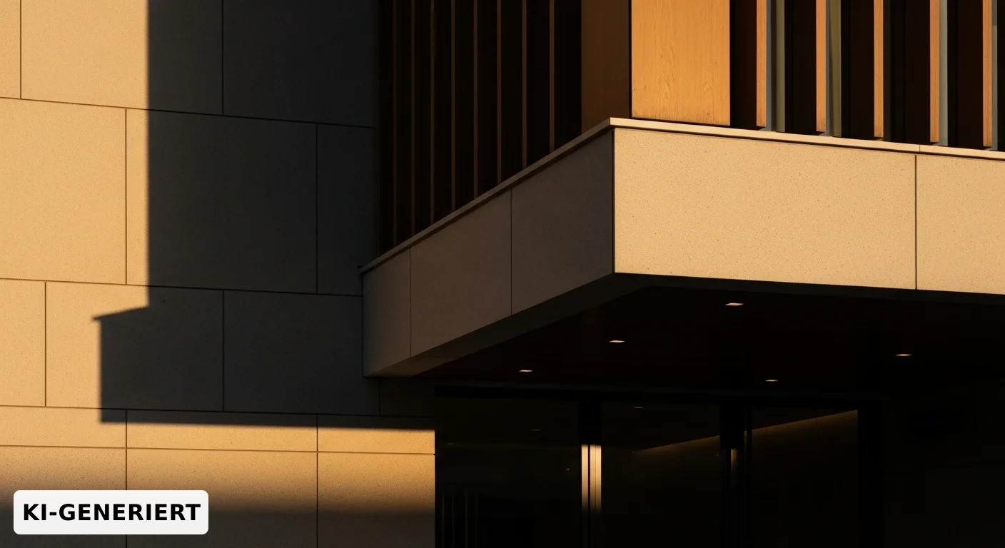 Architekturdetail eines Gebäudeeingangs mit warmem Streiflicht und klaren geometrischen Linien